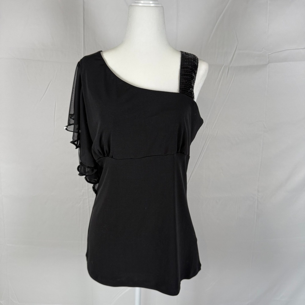 Studio Y Y2K Womens Black One Shoulder Sequin Strap Ruffle Mesh Sleeve Top Large
